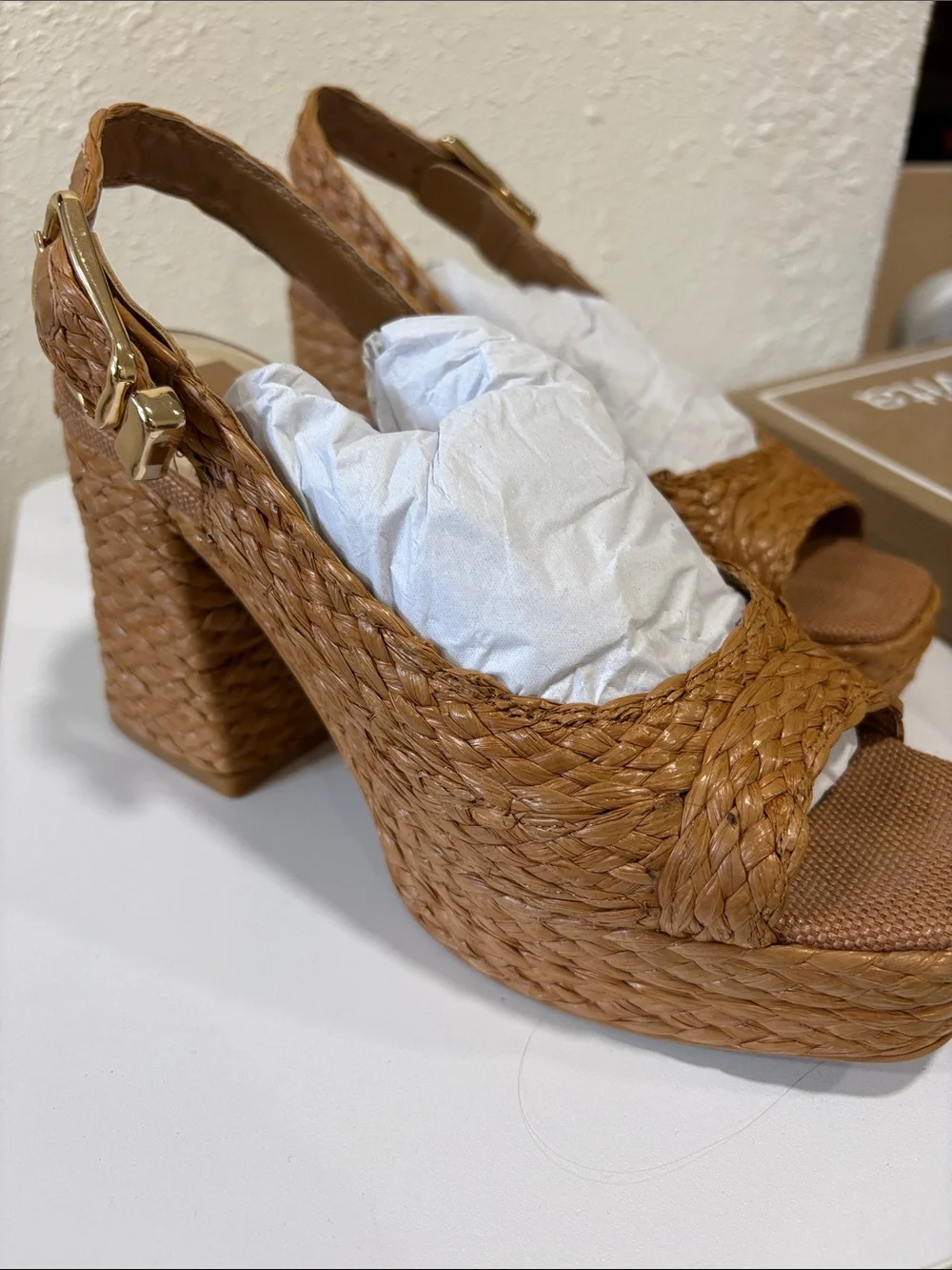 Dolce Vita Flores Cognac Raffia Platform Slingback Heels in Tan